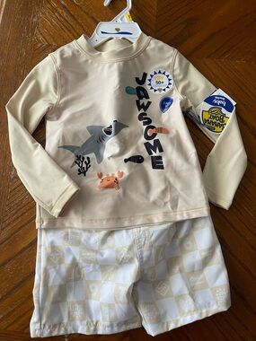 Cream 'Jawsome' Long-Sleeve Kids Rashguard Swim Set